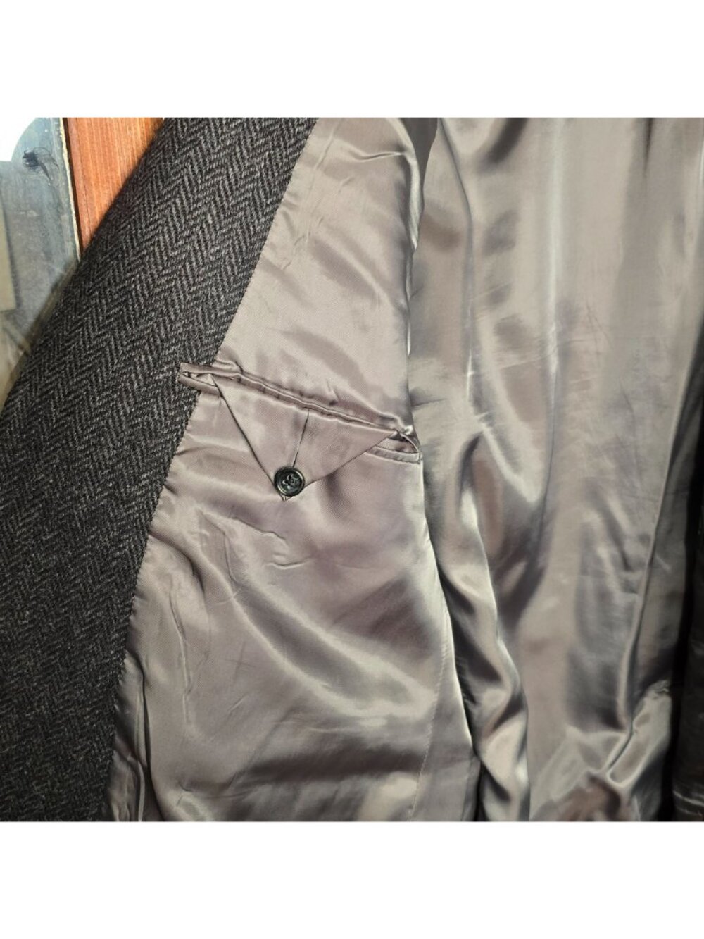 Vintage Ralph Lauren Herringbone Tweed Wool Blazer 44L Gray Lined Two-Button - Picture 9 of 11